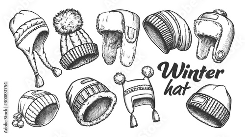 Winter Hat Clothing Accessory Retro Set Vector. Collection Of Woollen Hap With Fluffy Pompons And Fur, Earflap And Visor Engraving Concept Template Designed In Vintage Style Monochrome Illustrations