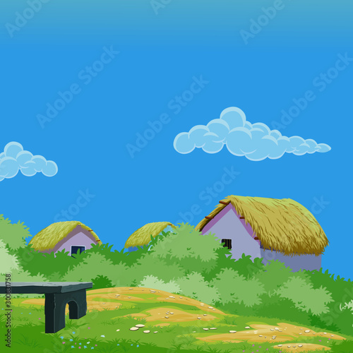 Background - Three houses and Bench - Cartoon Vector Image