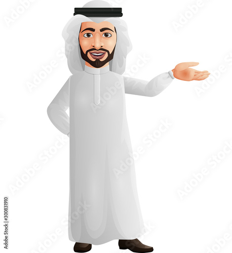 Happy young Arab businessman presenting