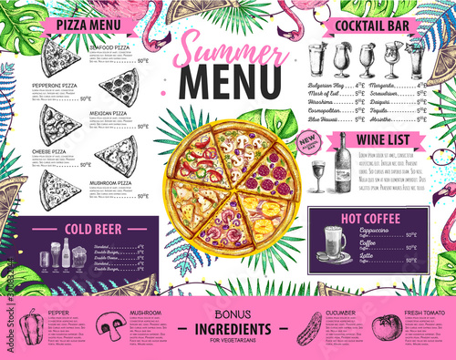Hand drawing summer menu design with flamingo and tropic leaves. Restaurant menu