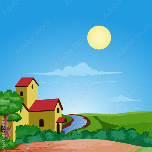 Background - Countryside house and the Sun - Cartoon Vector Image