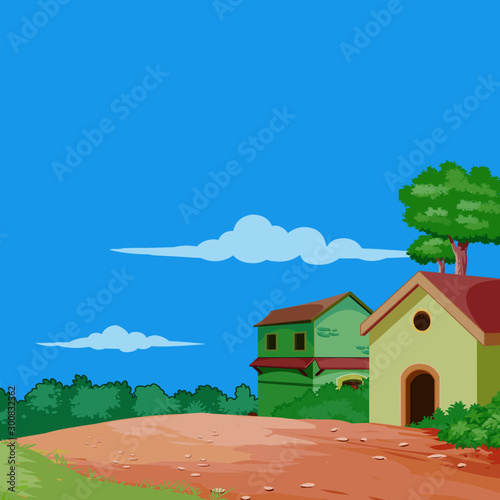 Background - Countryside Houses near Road - Cartoon Vector Image