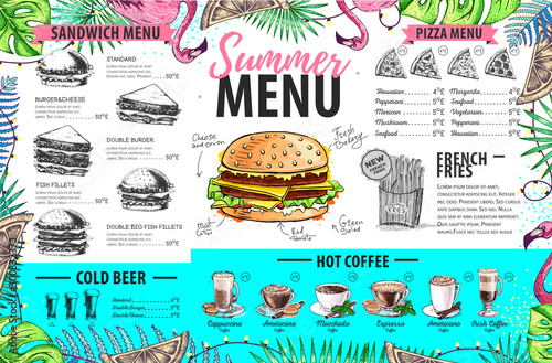 Hand drawing summer menu design with flamingo and tropic leaves. Restaurant menu