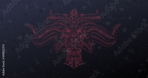 Diablo Lilith, Demonic angel magic woman with horns. Tattoo art, t-shirt design, coloring book page. Vintage vector on dark background. Goddess, mythical character photo
