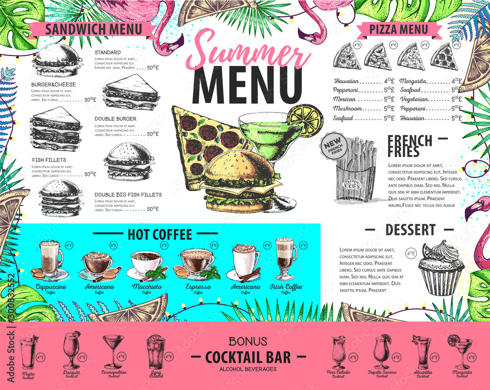 Hand drawing summer menu design with flamingo and tropic leaves. Restaurant menu