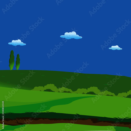 Background - Green Landscape with Clouds - Cartoon Vector Image