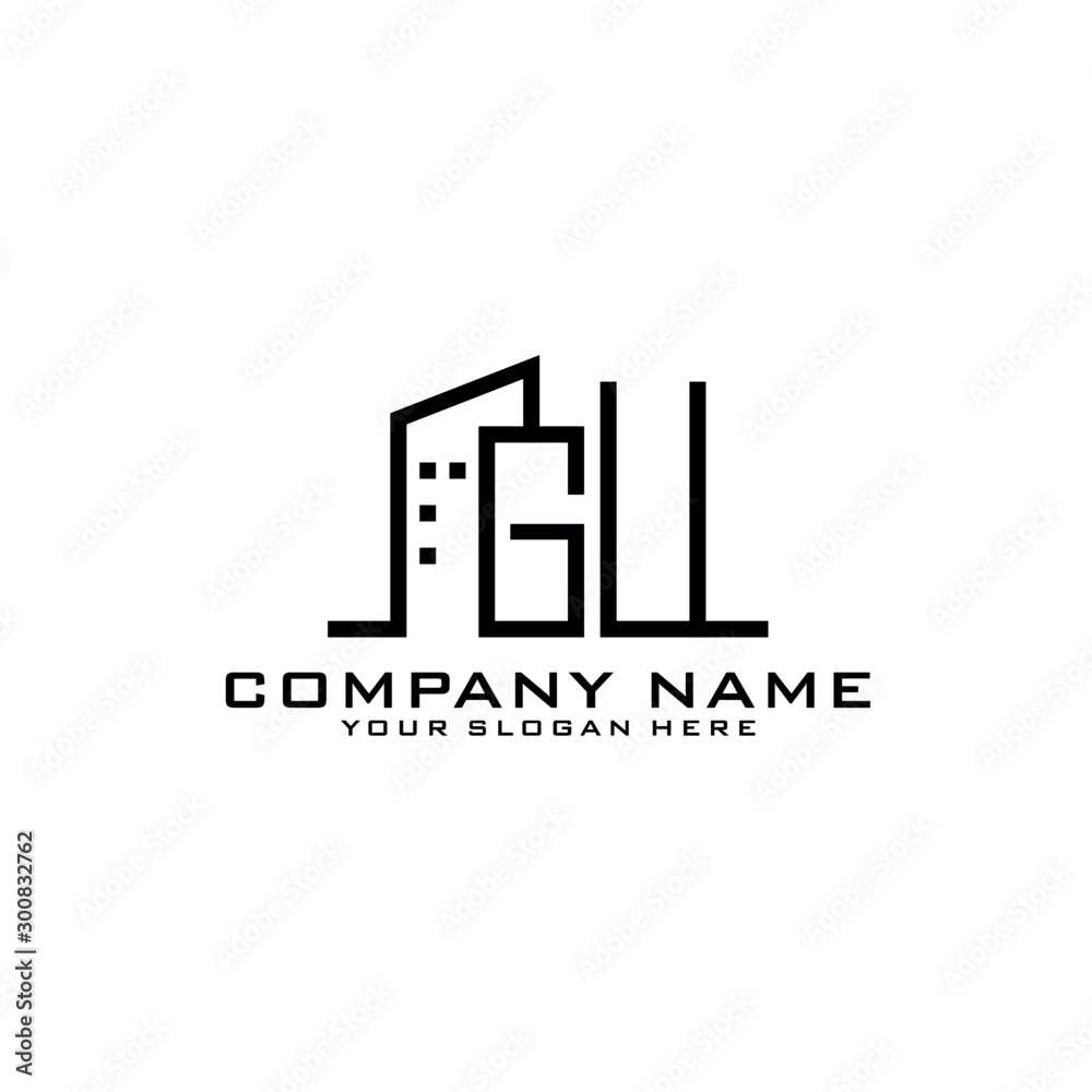 Letter GU With Building For Construction Company Logo