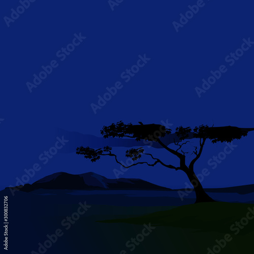 Night Scenery with Silhouette of Tree - Background Landscape Vector Image