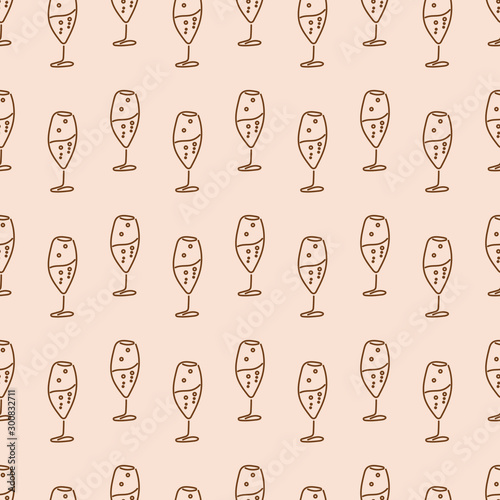 Cooking seamless patterns. Glass wine glasses . Festive theme. One Line Drawing. Vector