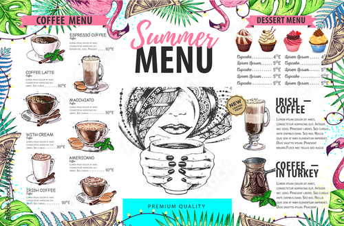 Hand drawing summer menu design with flamingo and tropic leaves. Restaurant menu