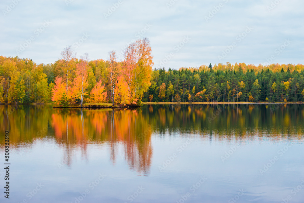 Obraz premium Beautiful autumn landscape. Reflection of the autumn forest in the lake.