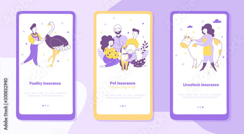 Pets and livestock insurance mobile app onboarding screen templates set
