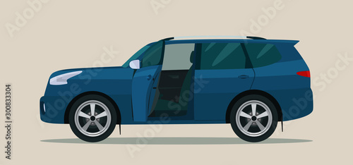 SUV car with open driver's and passenger doors. Vector illustration.