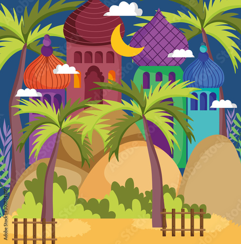 arabian towers sand desert palm fence moon