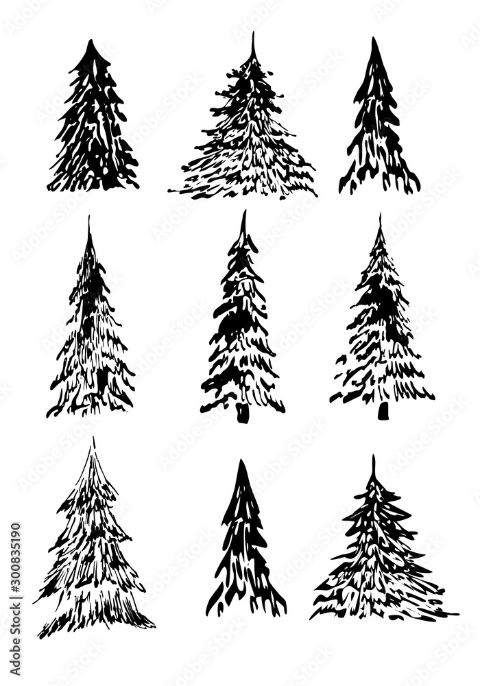 set of hand drawn winter trees