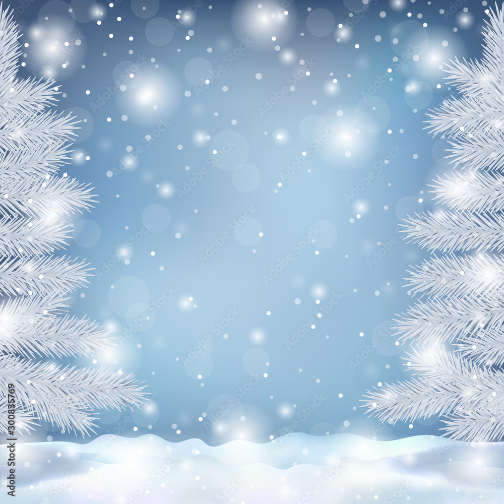 Winter landscape with fir trees and snowflakes illustration - obrazy, fototapety, plakaty 