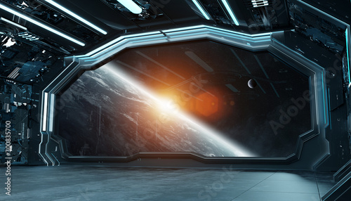 Fototapeta Naklejka Na Ścianę i Meble -  Dark blue spaceship futuristic interior with window view on planet Earth 3d rendering