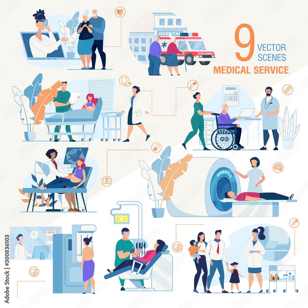 Clinic Medical Services Flat Vector Scenes Set Clinic Medical Services Flat Vector Scenes Set