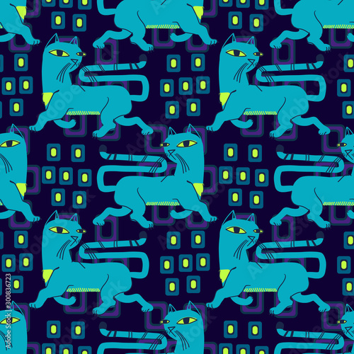 Abstract seamless vector animal pattern for girls, boys, clothes. Creative background with Cat ,Funny wallpaper for textile and fabric. Fashion style. Colorful bright