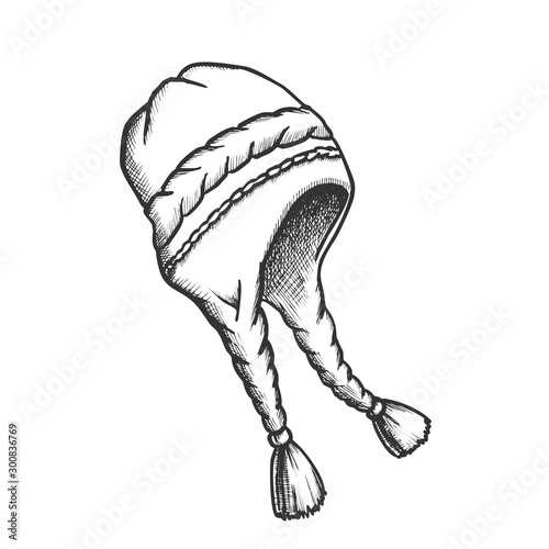Winter Earflap Hat Seasonal Cloth Retro Vector. Knit Hat Warm Wearing Accessory For Woman Protection Health Engraving Concept Template Hand Drawn In Vintage Style Black And White Illustration
