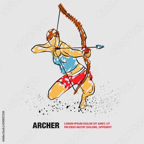 Archer girl with bow. Vector outline of Archer with scribble doodles.