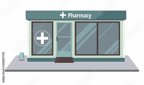 Facade of pharmacy store isolated on white background. Drugstore house.
