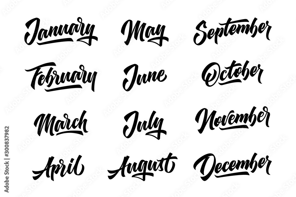 12 month. Handwritten lettering months of year.