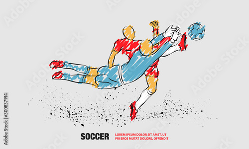 Soccer player and goalkeeper fighting for the ball. Vector outline of soccer player with scribble doodles.