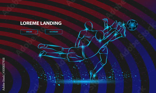 Soccer player and goalkeeper fighting for the ball. Vector Sport Background for Landing Page Template.