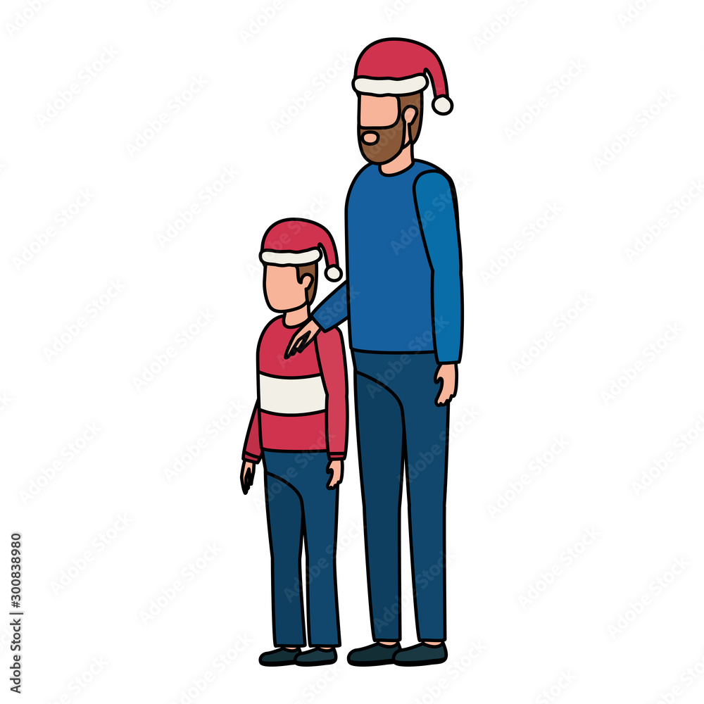 father and son with christmas hats characters