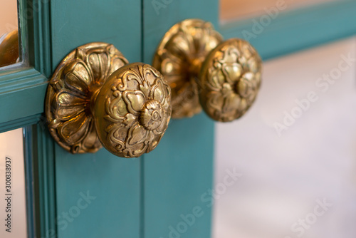 Classic retro brass door knob on green door vintage decoration retro interior style