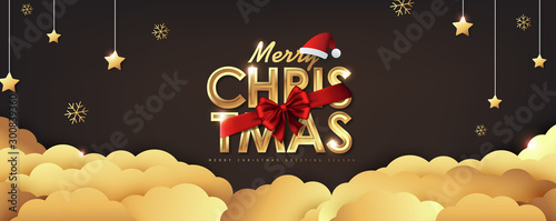 Christmas golden decoration on dark background.Merry Christmas text Calligraphic Lettering Vector illustration.