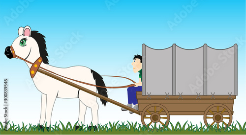 Man coachman on in wooden van by covered tarpaulin