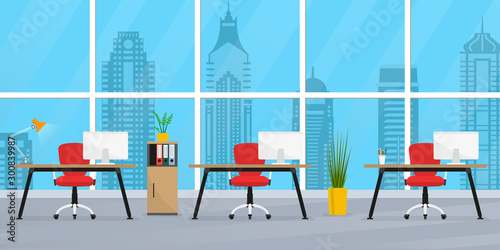 Office interior. Modern business workplace or workspace. Business room with desks and big window. Open space office concept. Vector illustration. 