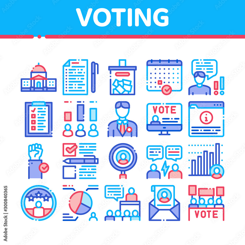Voting And Election Collection Icons Set Vector Thin Line. Congress Building And Monitor, Calendar And Human Silhouette Democracy Voting Concept Linear Pictograms. Color Contour Illustrations