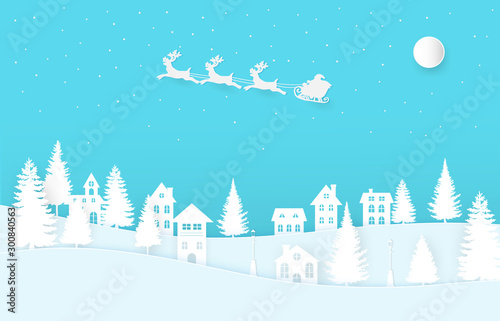 Winter landscape with houses and trees.Santa Claus on the sky in winter season.Merry Christmas and Happy New Year. paper art design.Vector EPS 10.