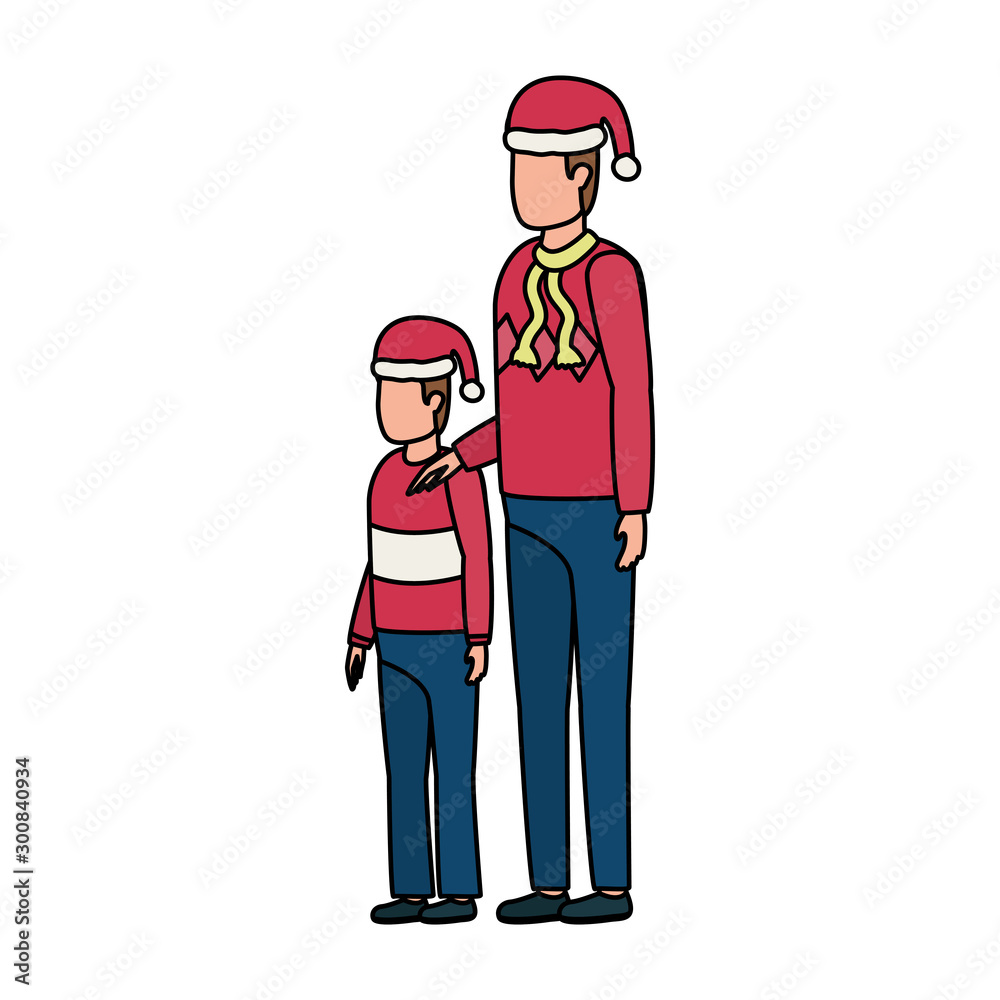 father and son with christmas hats characters