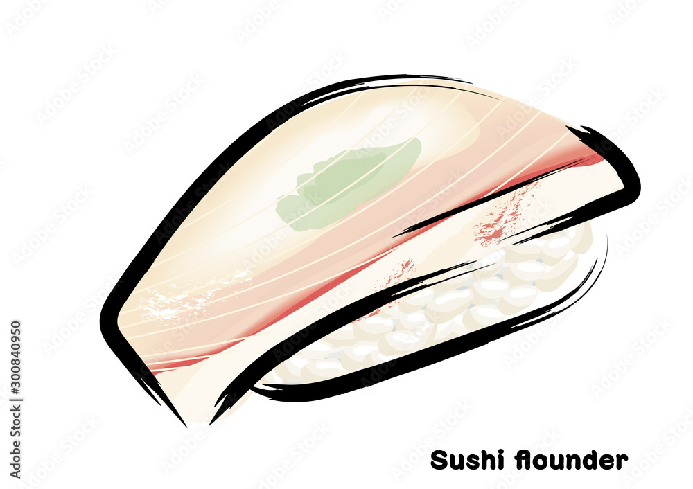 筆タッチ 手描きの寿司 鮨のイラスト 鮃 ヒラメの握り寿司のイラスト Illustration Of Traditional Japanese Food Nigiri Sushi Stock Vector Adobe Stock