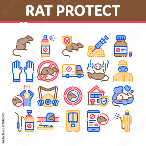 Rat Protect Collection Elements Icons Set Vector Thin Line. Rat Control Service, Human Silhouette And Protective Mask, Gloves And Spray Concept Linear Pictograms. Color Contour Illustrations