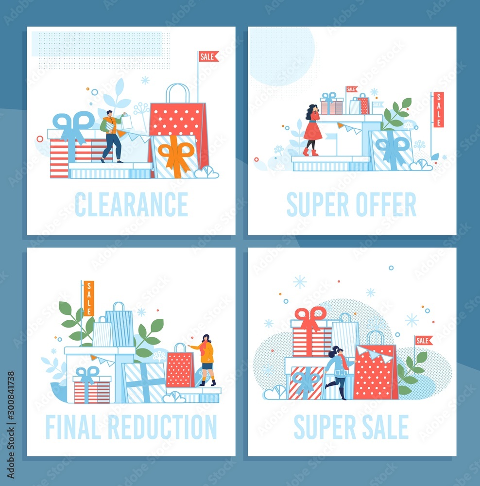 Shop Sales on Winter Holidays Cartoon Cards Set