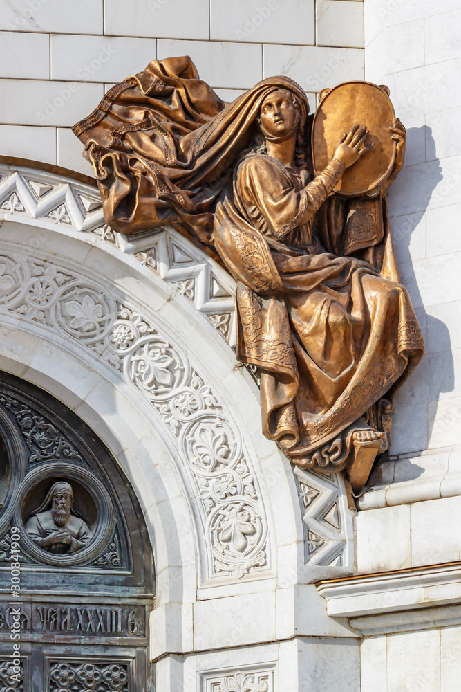 Figures of saints on the facade of Cathedral of Christ the Saviour. Cathedral of Christ the Saviour is a popular touristic landmark in Moscow historical center
