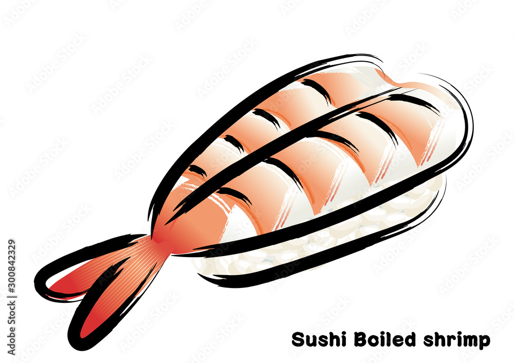 筆タッチ 手描きの寿司 鮨のイラスト 海老 エビの握り寿司のイラスト Illustration Of Traditional Japanese Food Nigiri Sushi Stock Vector Adobe Stock