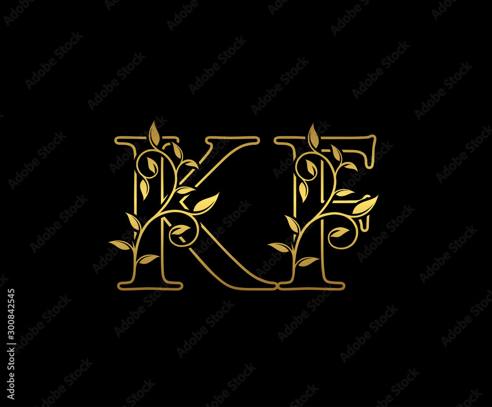 Golden letter K and F, KF vintage decorative ornament emblem badge ...
