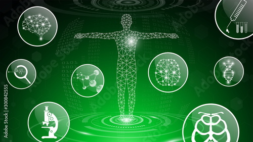 abstract background technology concept in green light,human body heal,technology modern medical science in future and global international medical with tests analysis clone DNA human