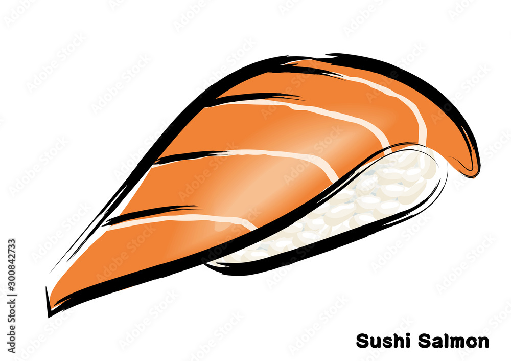 筆タッチ 手描きの寿司 鮨のイラスト サーモン 鮭の握り寿司のイラスト Illustration Of Traditional Japanese Food Nigiri Sushi Vector De Stock Adobe Stock