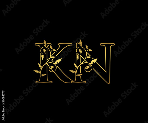 Golden letter K and N, KN vintage decorative ornament emblem badge, overlapping monogram logo, elegant luxury gold color on black background.