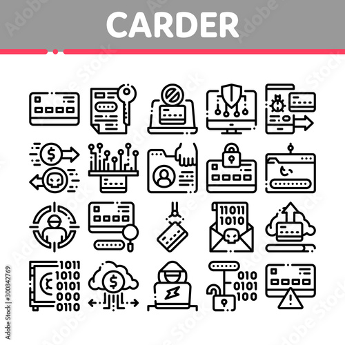 Carder Hacker Collection Elements Icons Set Vector Thin Line. Carder Silhouette And Smartphone, Bug And Fraud Virus, Laptop And Card Concept Linear Pictograms. Monochrome Contour Illustrations