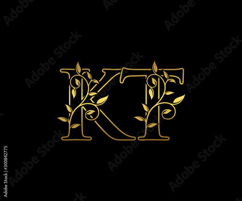 Golden letter K and T, KT vintage decorative ornament emblem badge, overlapping monogram logo, elegant luxury gold color on black background.