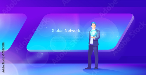 Future Global communications technology concept. Businessman Holding holographic model of Earth planet in hand standing in modern interior Ultraviolet Vector illustration.