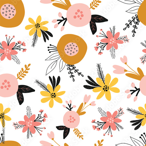 Seamless floral vector pattern with flat stylized Scandinavian flowers in pink gold yellow orange on a white background. Decorative retro print for kids fabric, surface decor, wallpaper, packaging